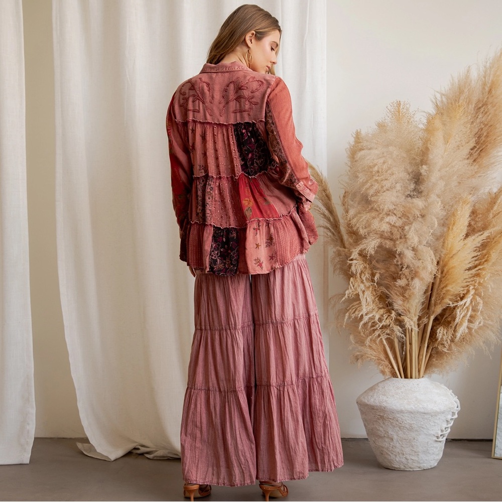 YTS6- Elegant Garnet Jhabla patchwork top, Wide-Leg Pants, or kimono - Picture 4 of 5